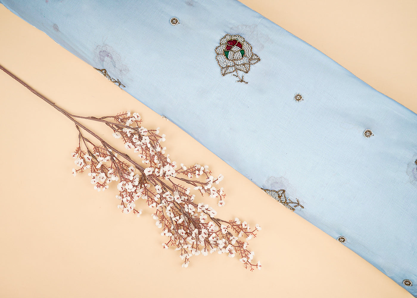 Sky Blue Cotton Fabric With All Over Floral Buti Of Katdana Work 22891