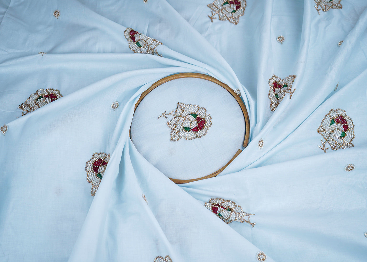 Sky Blue Cotton Fabric With All Over Floral Buti Of Katdana Work 22891