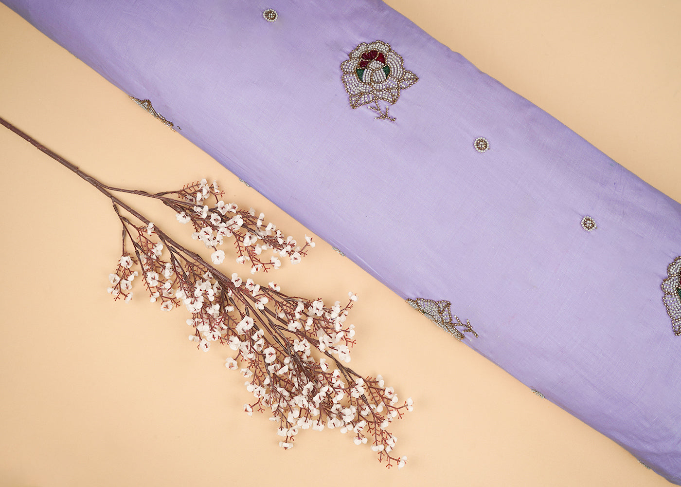 Lavender Cotton Fabric With All Over Floral Buti Of Katdana Work 22892
