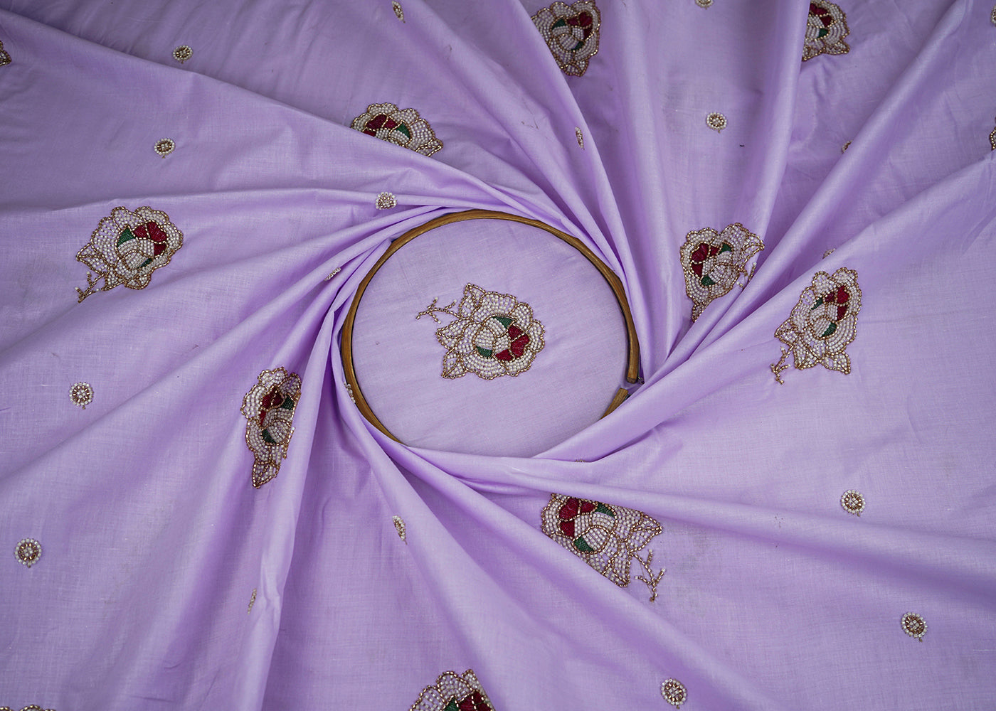 Lavender Cotton Fabric With All Over Floral Buti Of Katdana Work 22892