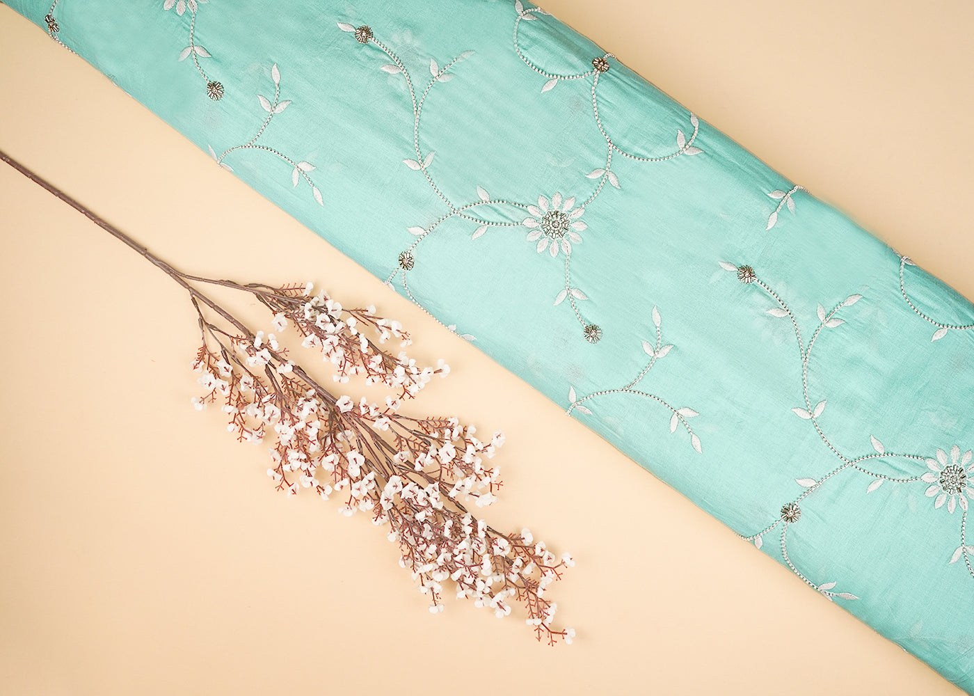 Aqua Green Muslin Fabric With All Over Katdana, Thread And Bead Work 22893