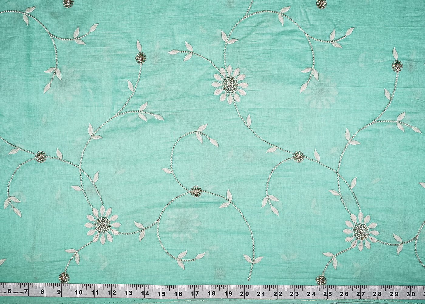 Aqua Green Muslin Fabric With All Over Katdana, Thread And Bead Work 22893