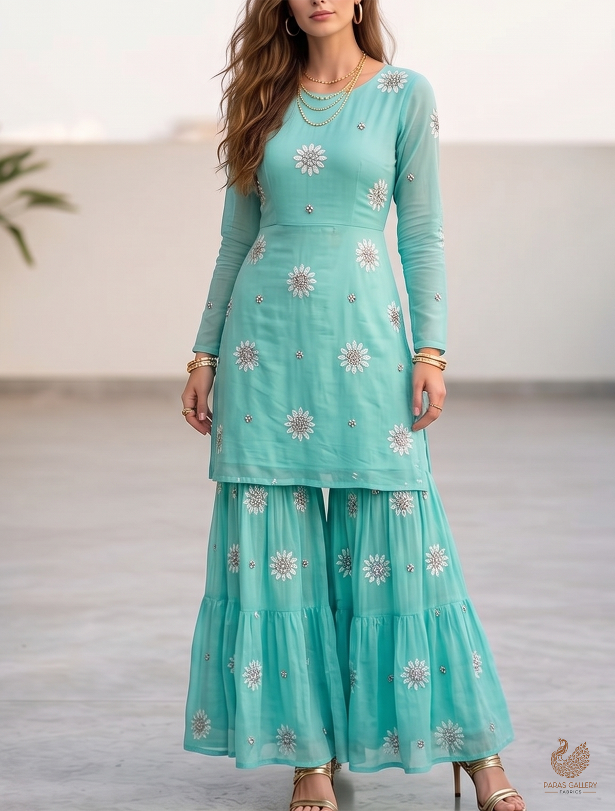 Aqua Green Muslin Fabric With All Over Katdana, Thread And Bead Work 22893
