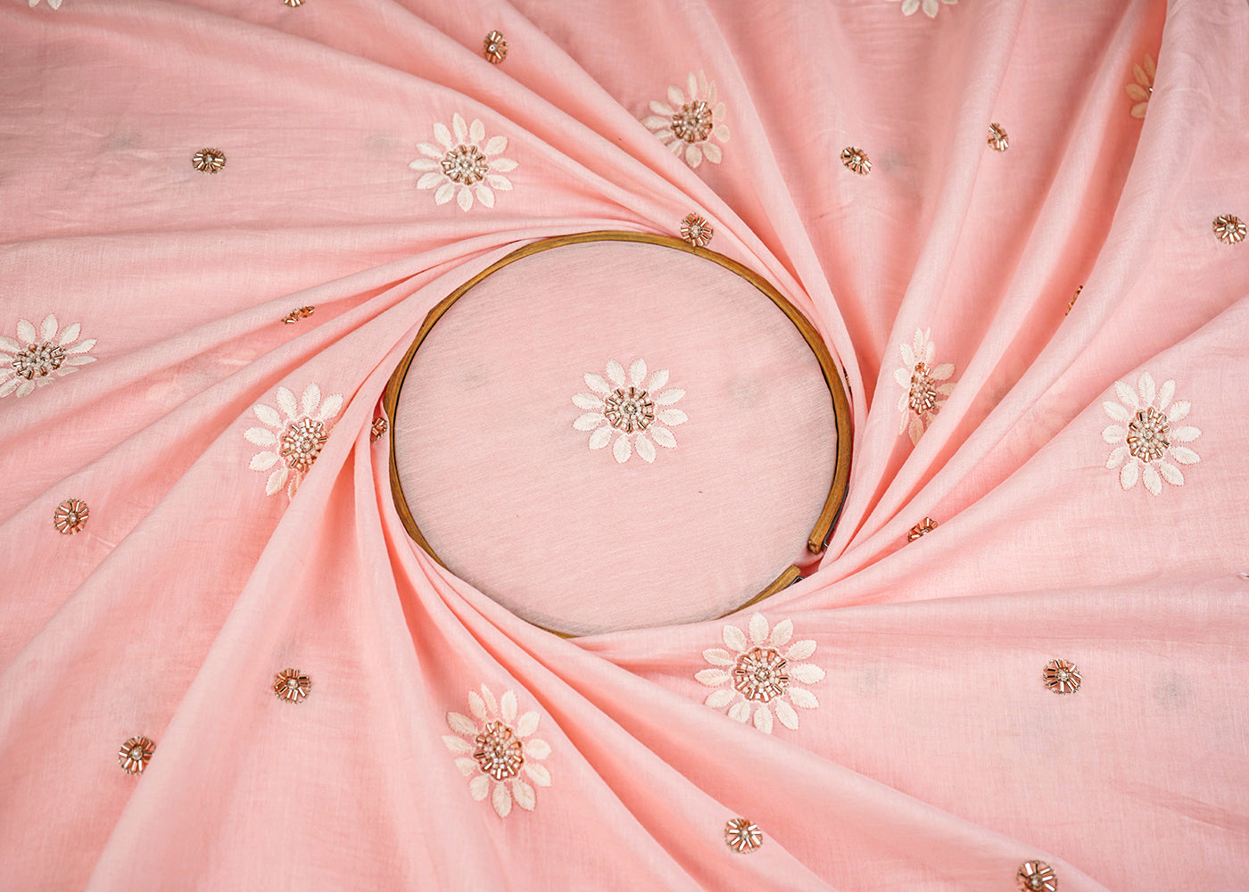 Light Peach Muslin Fabric With All Over Katdana, Thread And Bead Work 22894