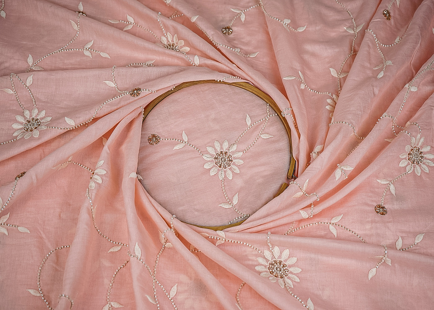 Light Peach Muslin Fabric With All Over Katdana, Thread And Bead Work 22894