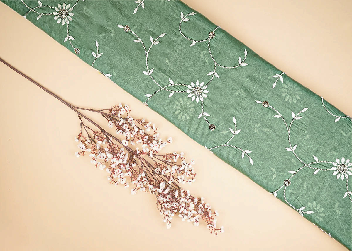 Green Muslin Fabric With All Over Katdana, Thread And Bead Work 22898