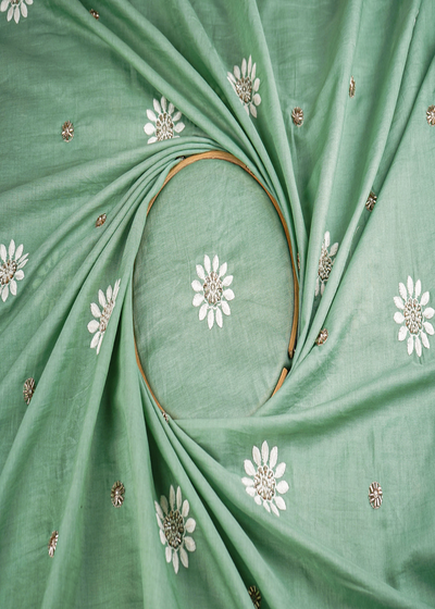 Sage Green Muslin Fabric With All Over Katdana, Thread And Bead Work 22895