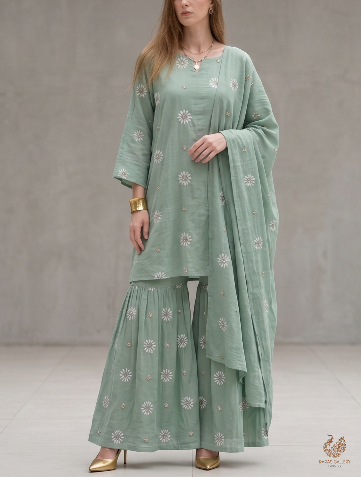 Sage Green Muslin Fabric With All Over Katdana, Thread And Bead Work 22895