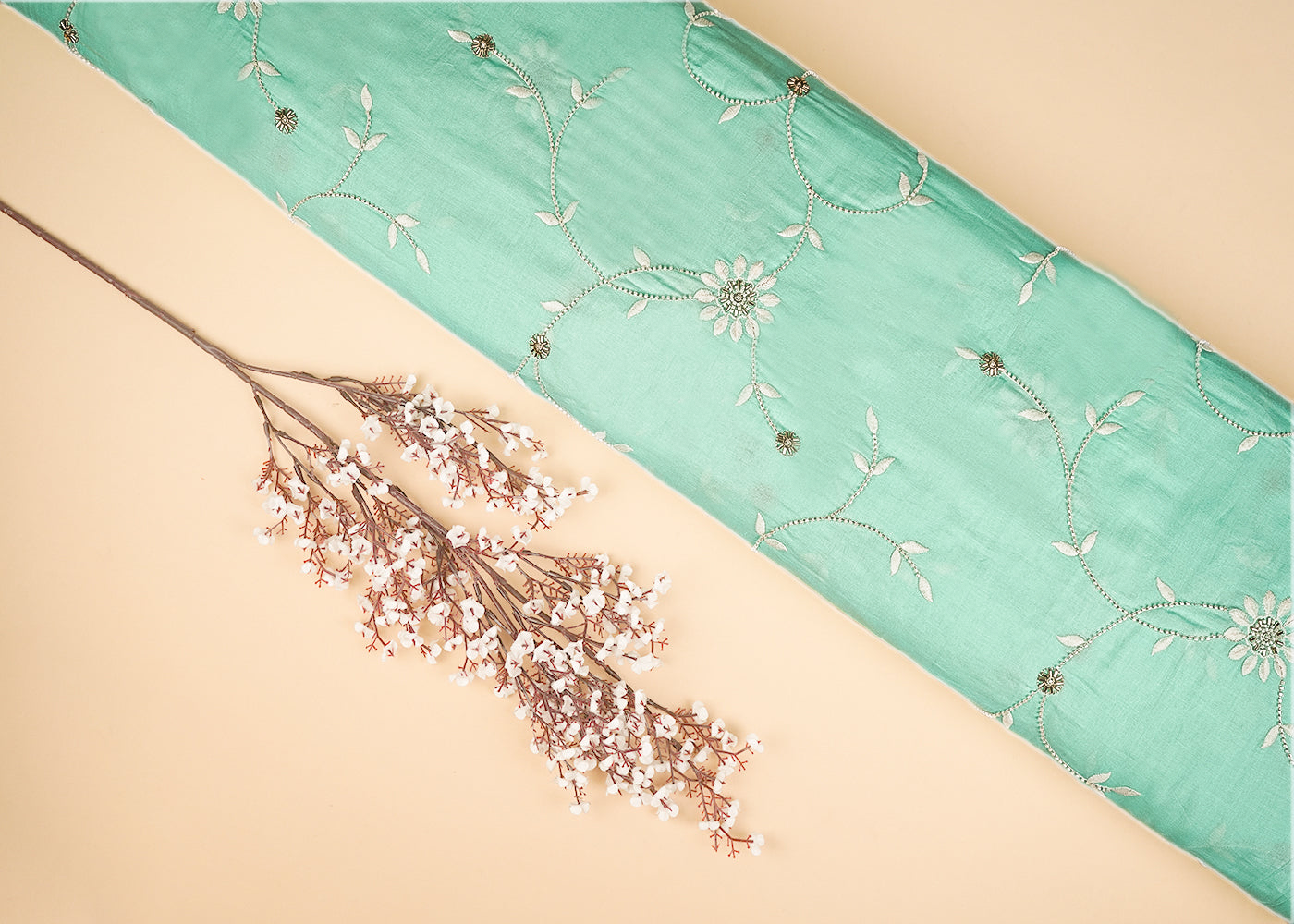 Aqua Green Muslin Fabric With All Over Katdana, Thread And Bead Work 22896
