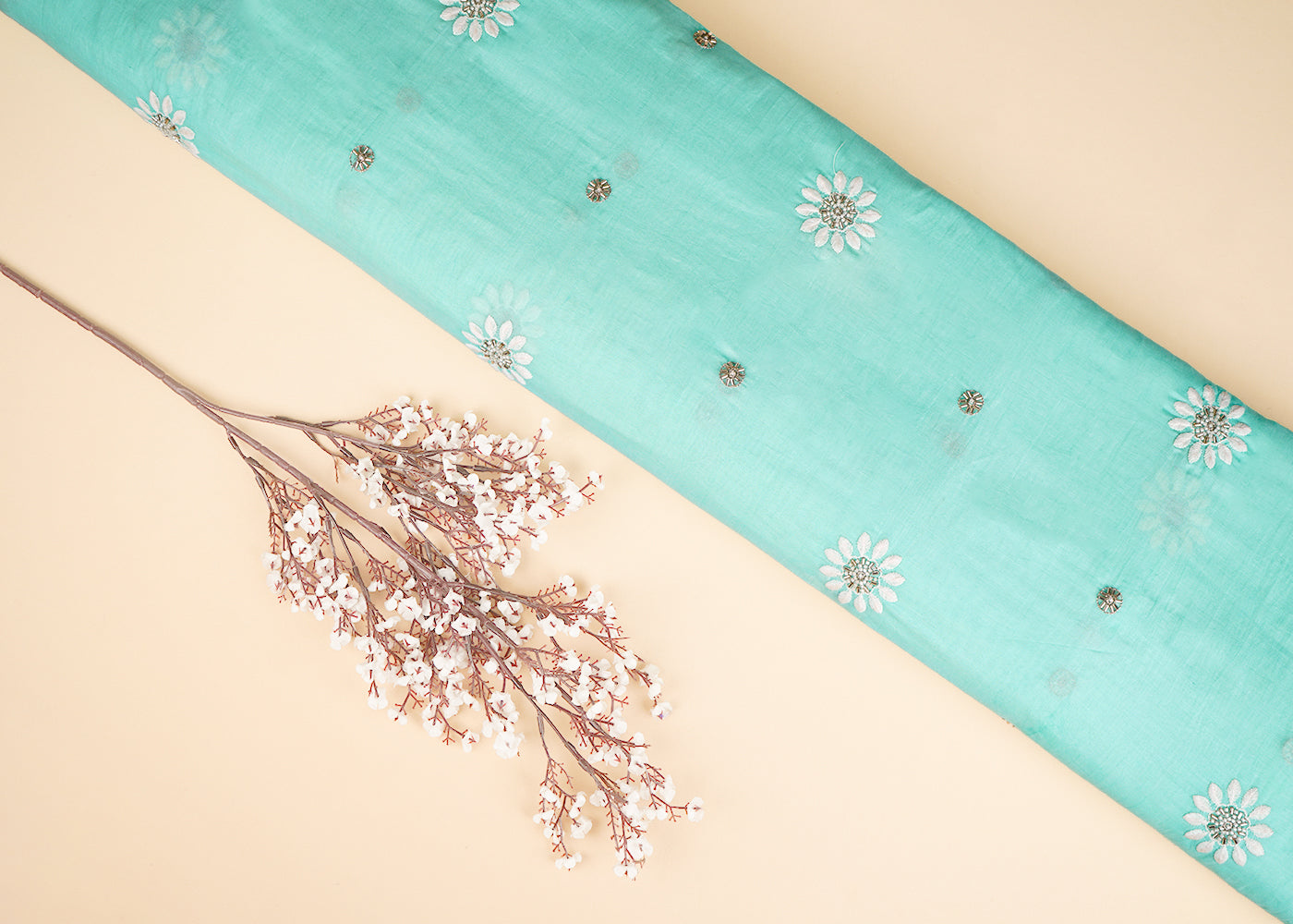 Aqua Green Muslin Fabric With All Over Katdana, Thread And Bead Work 22896