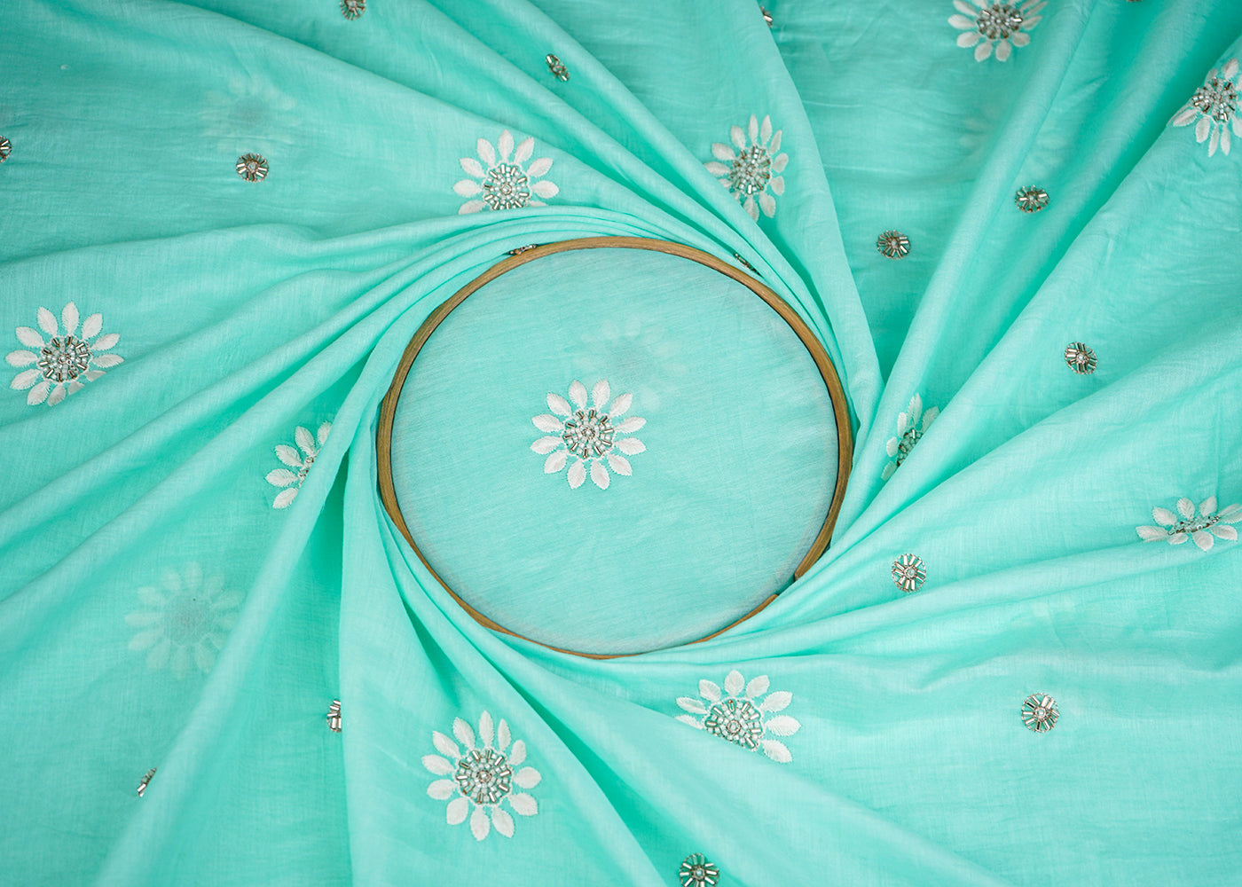 Aqua Green Muslin Fabric With All Over Katdana, Thread And Bead Work 22896