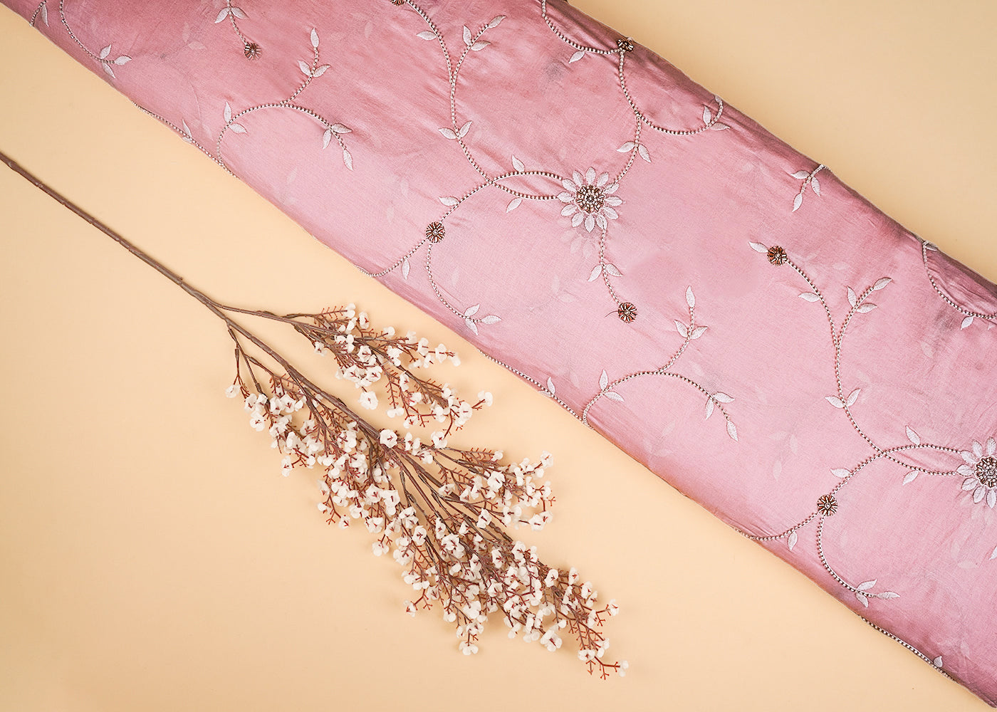 Light Peach Muslin Fabric With All Over Katdana, Thread And Bead Work 22897