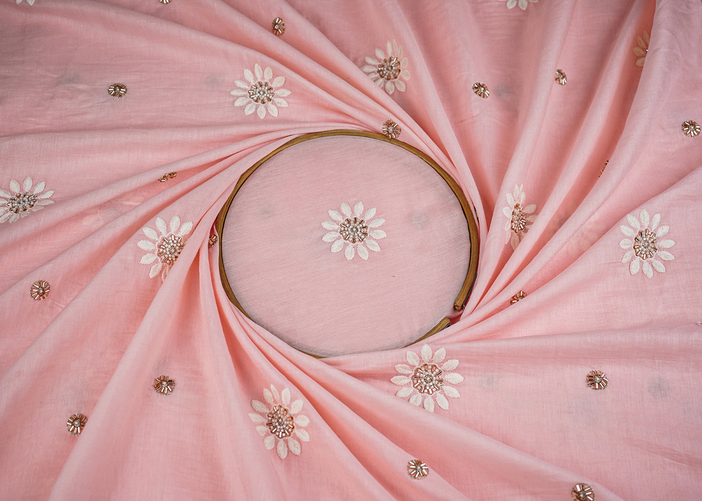 Light Peach Muslin Fabric With All Over Katdana, Thread And Bead Work 22897