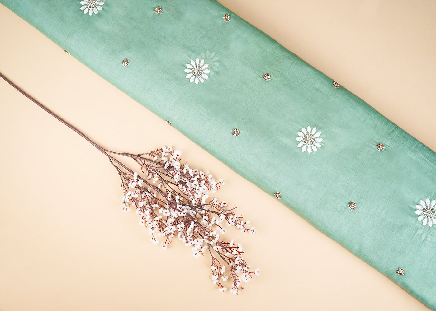 Green Muslin Fabric With All Over Katdana, Thread And Bead Work 22898