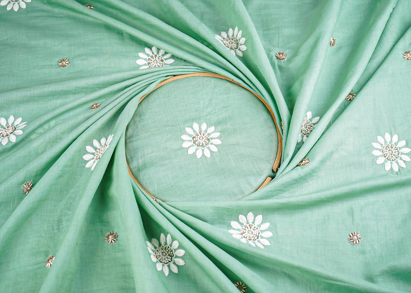 Green Muslin Fabric With All Over Katdana, Thread And Bead Work 22898