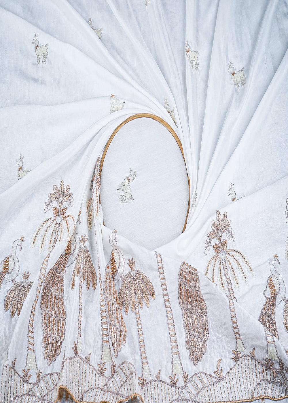 White-Dyeable-Muslin-Fabric-With-All-Over-Zari,-Katdana,-Bead,-Sequins-Work-And-One-Side-Peacock-Motif-Border-22905-close-view