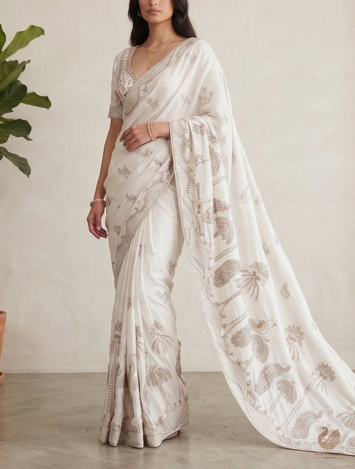 White Dyeable Muslin Fabric With All Over Zari, Katdana, Bead, Sequins Work And One Side Peacock Motif Border 22905