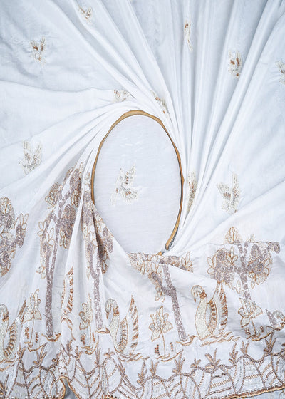 White Dyeable Muslin Fabric With All Over Zari, Katdana, Bead, Sequins Work And One Side Duck Motif Border 22906