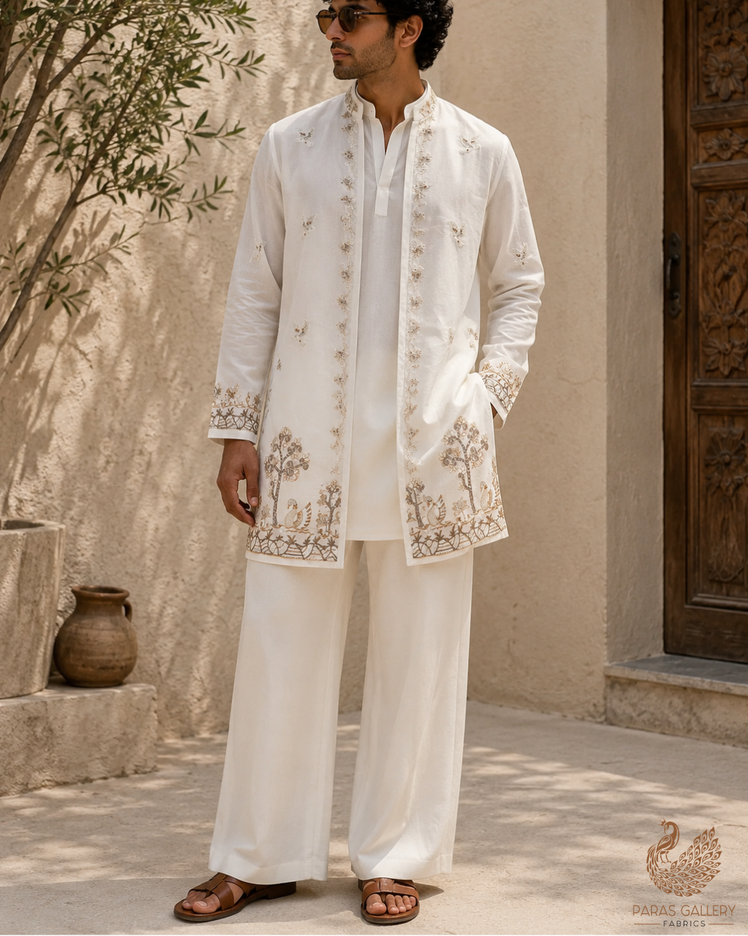 White Dyeable Muslin Fabric With All Over Zari, Katdana, Bead, Sequins Work And One Side Duck Motif Border 22906