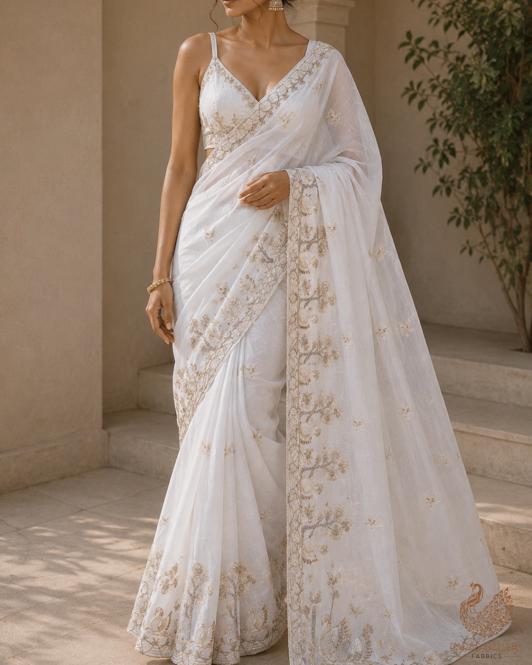 White Dyeable Muslin Fabric With All Over Zari, Katdana, Bead, Sequins Work And One Side Duck Motif Border 22906