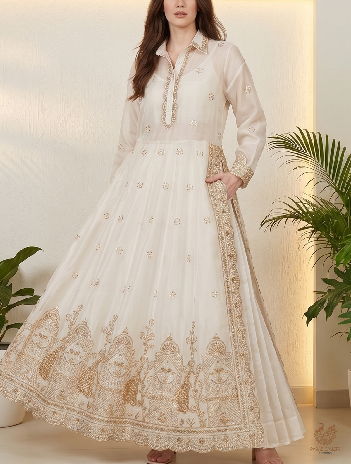 White Dyeable Organza Fabric With All Over Zari, Katdana, Bead, Sequins Work And One Side Border 22908