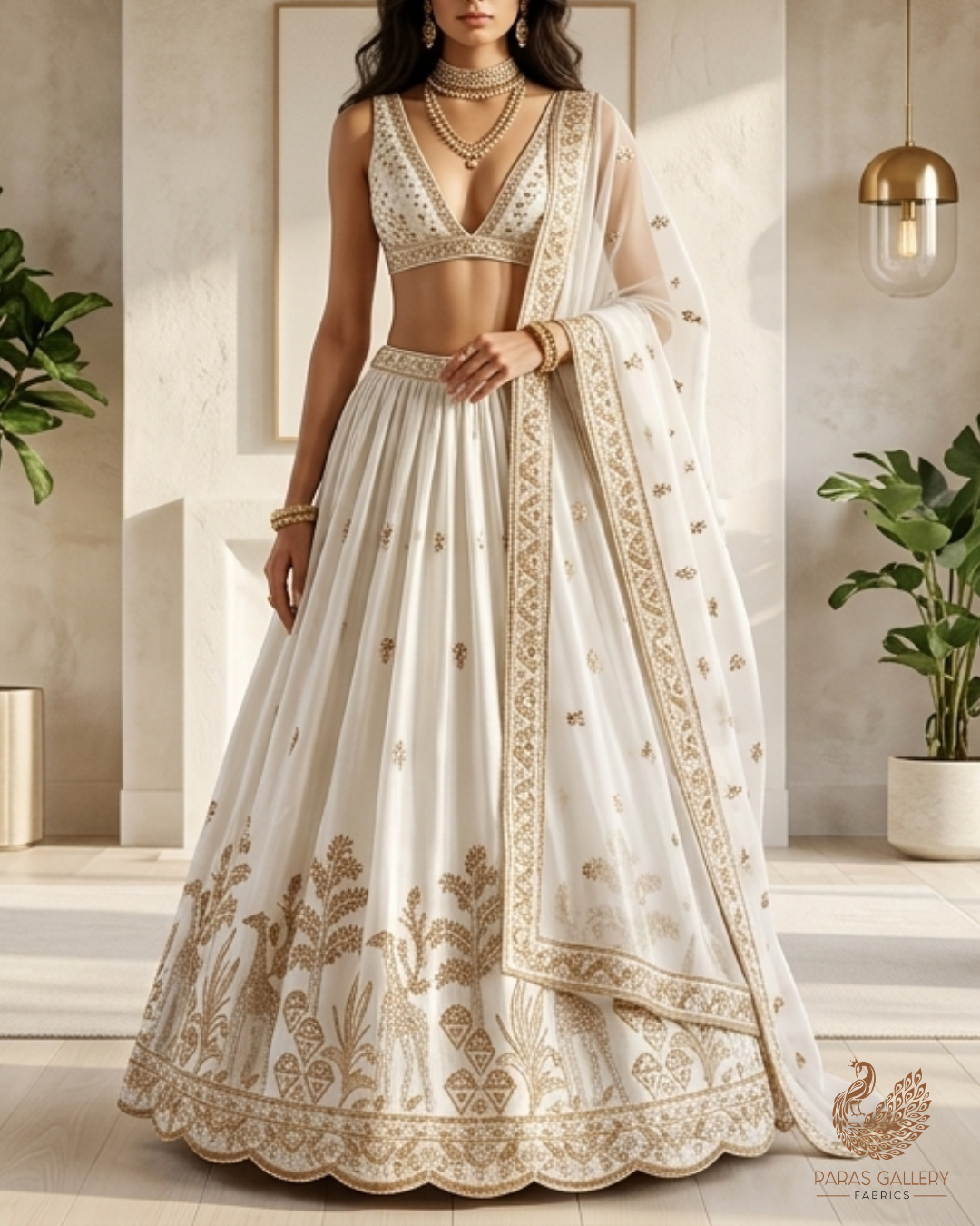 White Dyeable Organza Fabric With All Over Zari, Katdana, Bead, Sequins Work And One Side Border 22909