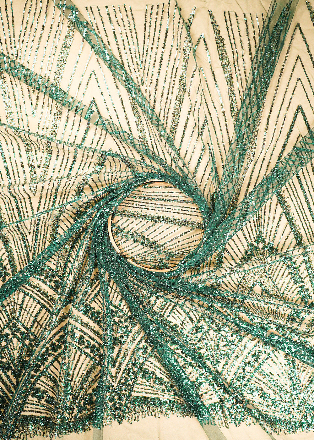Bottle Green Net Fabric With All Over Sequins And Bead Work With One Side Scalloped Border 22910