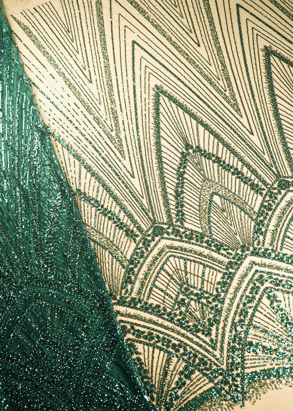 Bottle Green Net Fabric With All Over Sequins And Bead Work With One Side Scalloped Border 22910