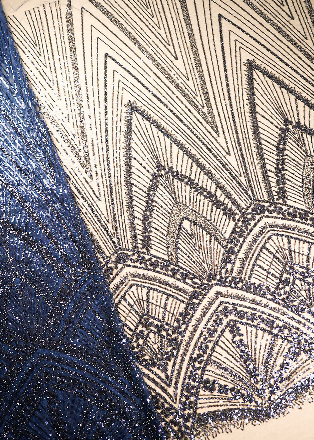 Navy Blue Net Fabric With All Over Sequins And Bead Work With One Side Scalloped Border 22911