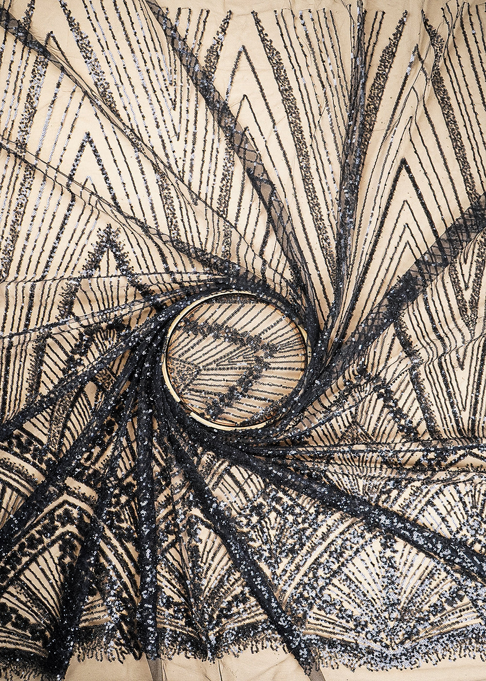 Black Net Fabric With All Over Sequins And Bead Work With One Side Scalloped Border 22912