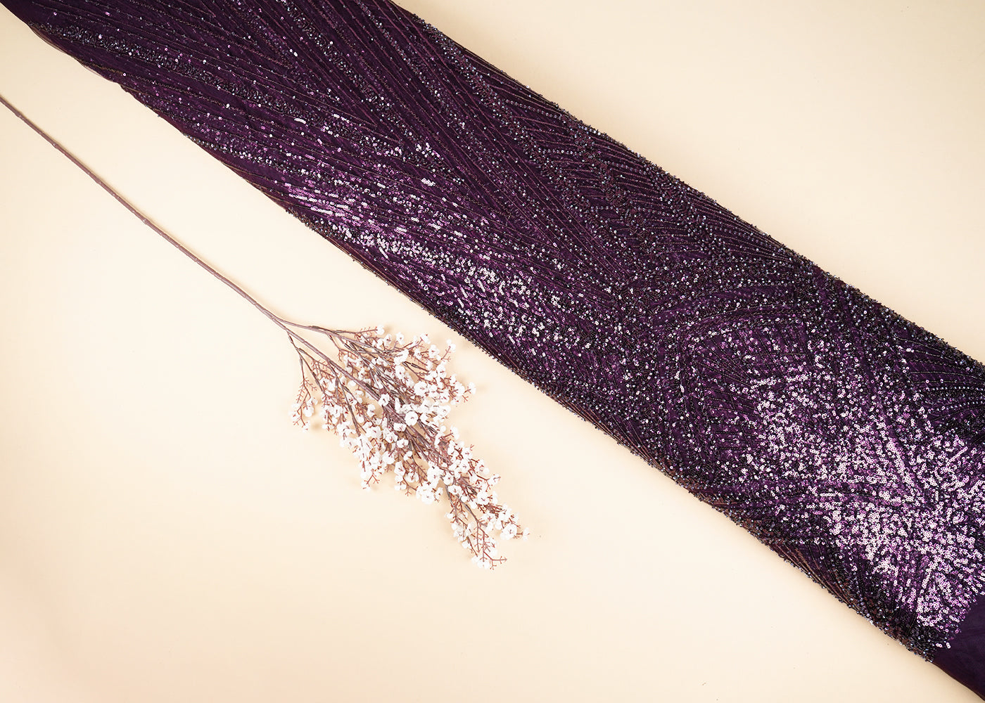 Wine Net Fabric With All Over Sequins And Bead Work With One Side Scalloped Border 22913