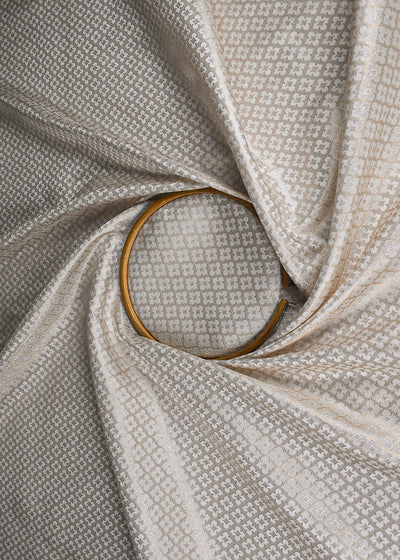 White Banarasi Brocade Fabric With All Over Silver And Golden Zari Handloom 22921