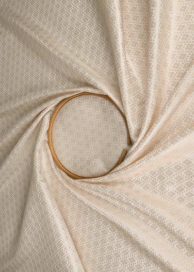 White Banarasi Brocade Fabric With All Over Silver And Golden Zari Handloom 22927