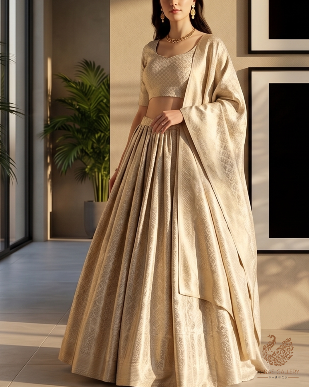 White Banarasi Brocade Fabric With All Over Silver And Golden Zari Handloom 22929