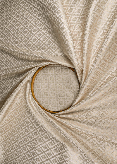 White Banarasi Brocade Fabric With All Over Silver And Golden Zari Handloom 22930