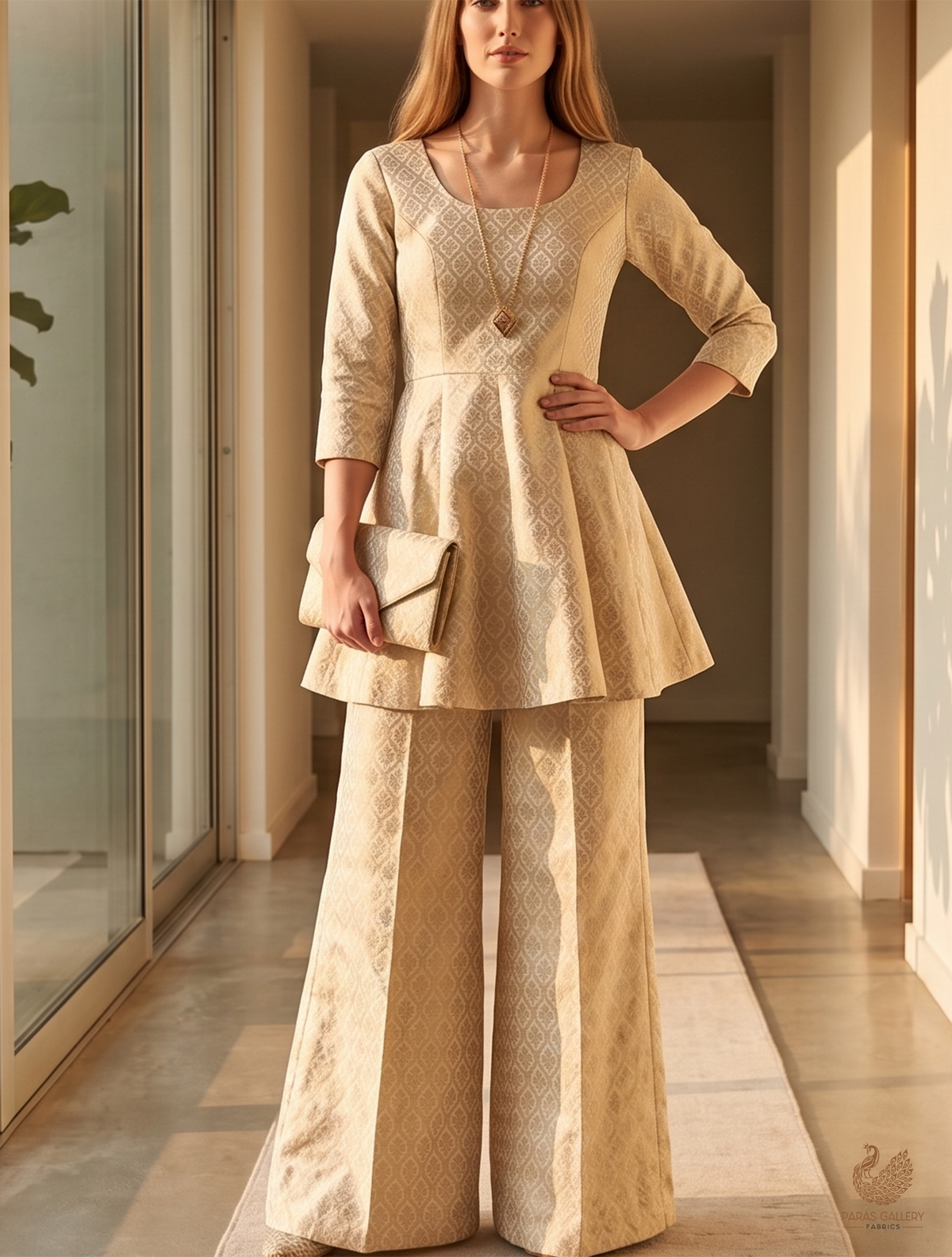 Light Beige Banarasi Brocade Fabric With All Over Silver And Golden Zari Handloom 22933