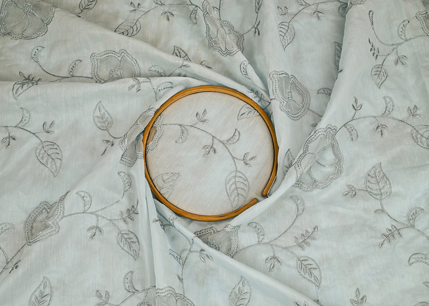 Powder Blue Chanderi Fabric With All Over Thread Work And Organza Cutwork 22993