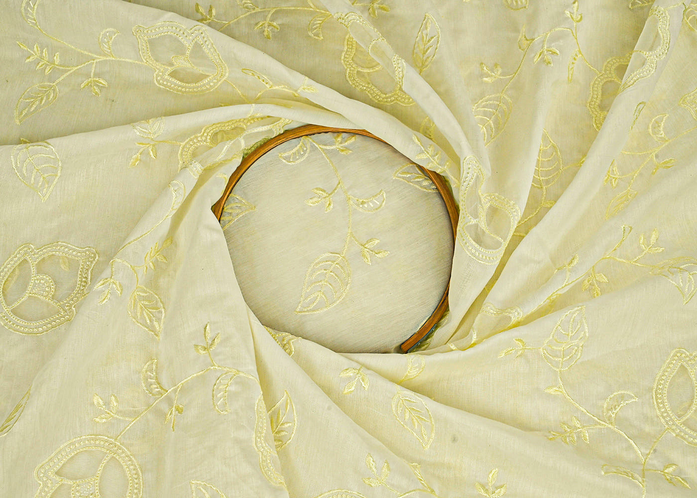 Pastel Yellow Chanderi Fabric With All Over Thread Work And Organza Cutwork 22995