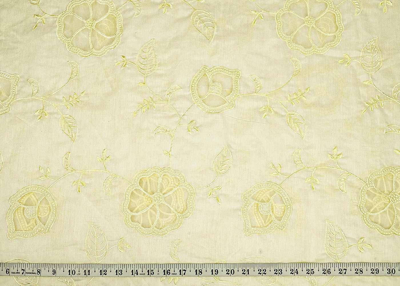 Pastel Yellow Chanderi Fabric With All Over Thread Work And Organza Cutwork 22995