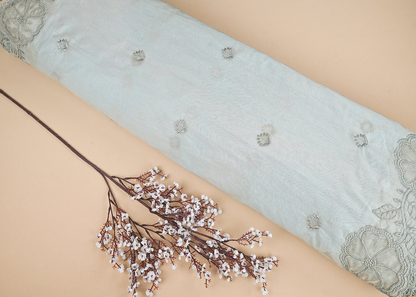 Powder Blue Chanderi Dupatta Fabric With All Over Thread Work And Two Side Organza Cutwork Border 22996