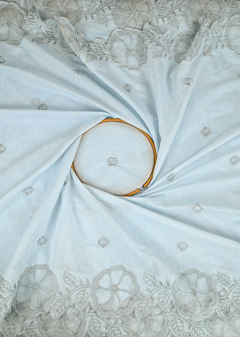 Powder Blue Chanderi Dupatta Fabric With All Over Thread Work And Two Side Organza Cutwork Border 22996