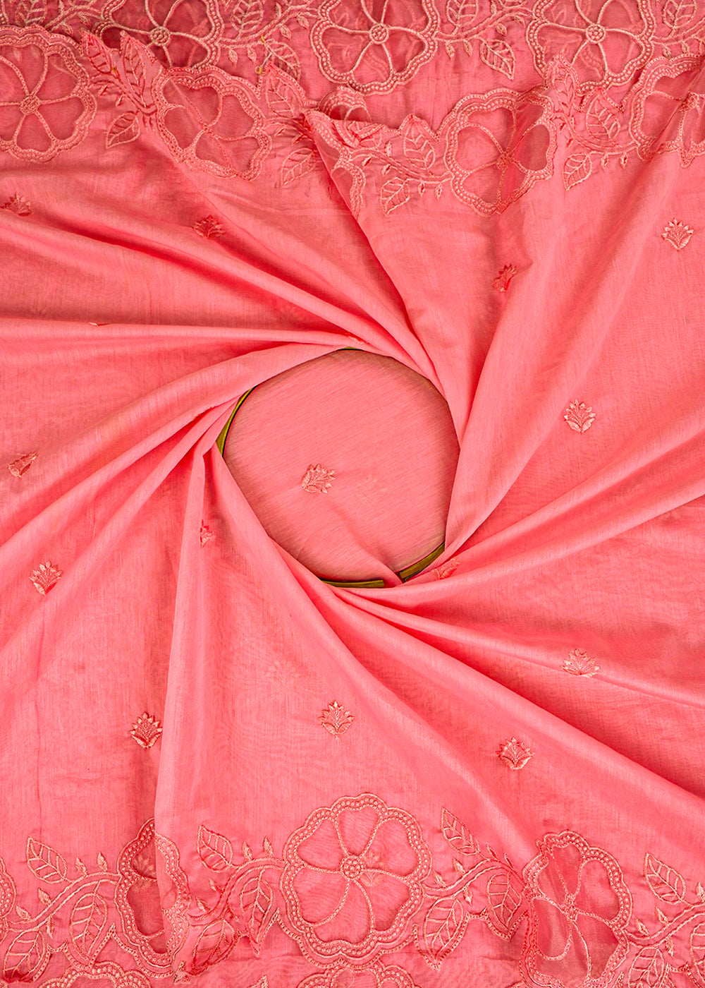 Baby Pink Chanderi Dupatta Fabric With All Over Thread Work And Two Side Organza Cutwork Border 22997