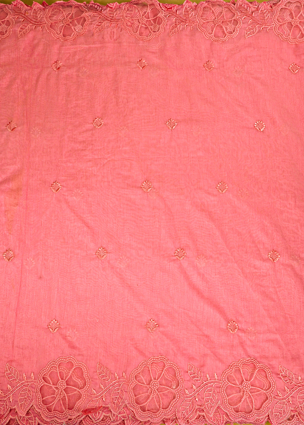 Baby Pink Chanderi Dupatta Fabric With All Over Thread Work And Two Side Organza Cutwork Border 22997