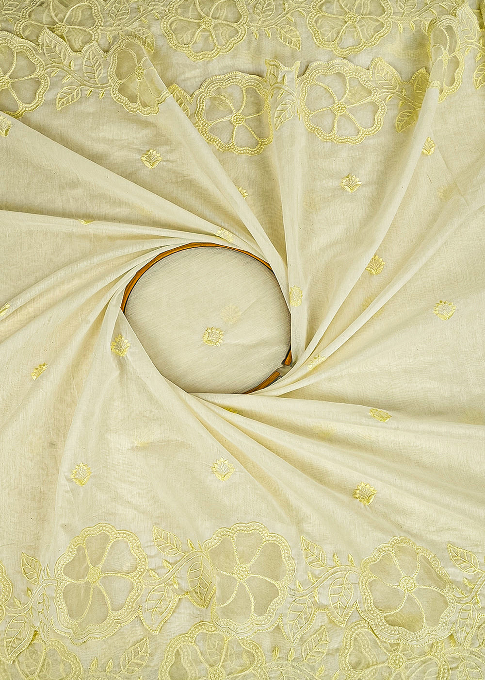 Pastel Yellow Chanderi Dupatta Fabric With All Over Thread Work And Two Side Organza Cutwork Border 22998