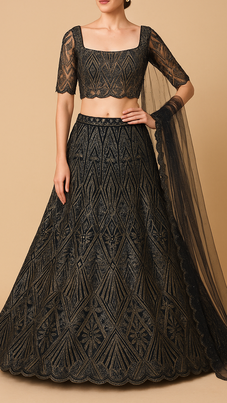 Black Imported Net Fabric With All Over Bead And Sequins Work With Two Side Scalloped Border 19356