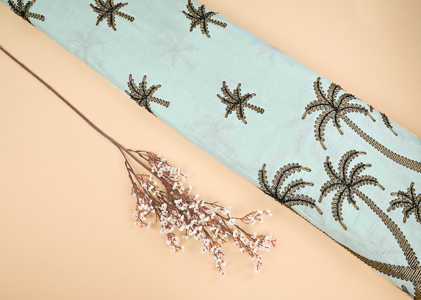 Aqua Mist Cotton Linen Fabric With All Over Ribbon Work With One Side Border 23000