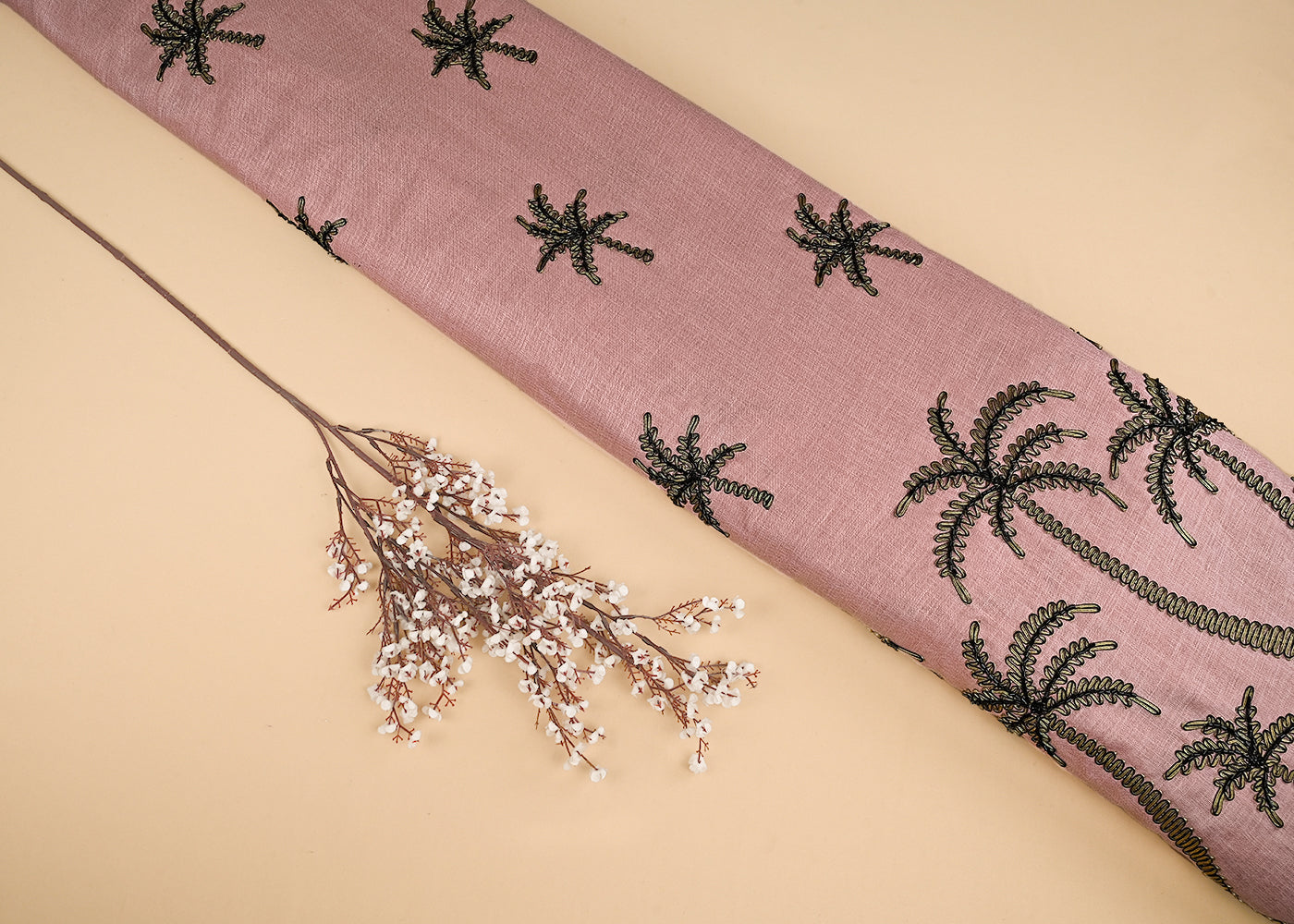 Peach Pink Cotton Linen Fabric With All Over Ribbon Work With One Side Border 23001