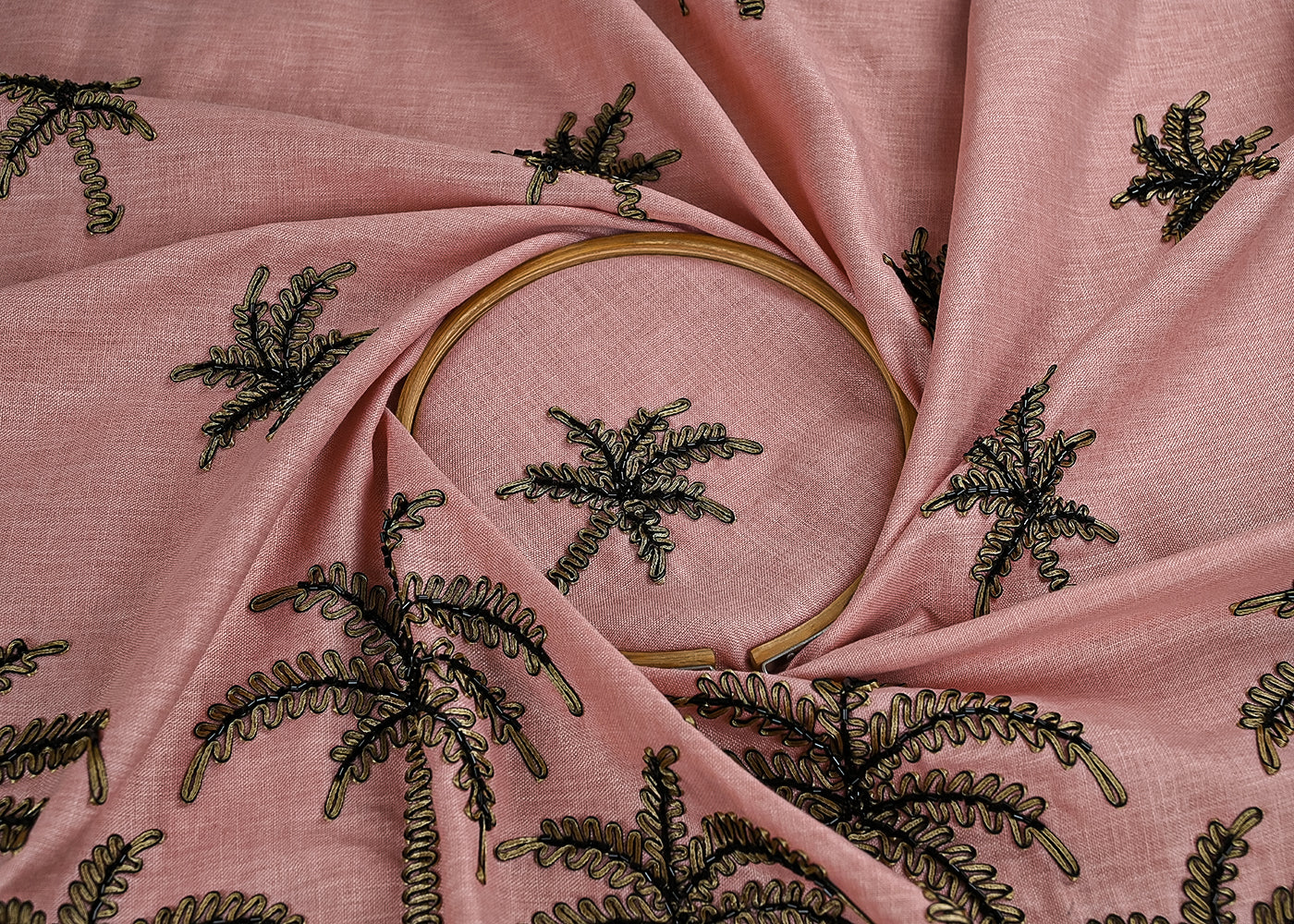 Peach Pink Cotton Linen Fabric With All Over Ribbon Work With One Side Border 23001