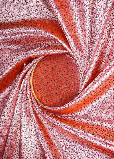 Red Banarasi Brocade Fabric With All Over Dull Gold Zari Handloom 23006