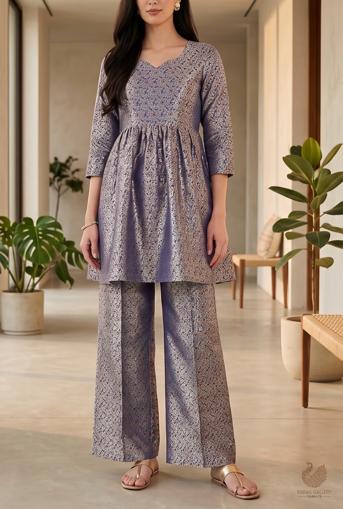 Royal Blue Banarasi Brocade Fabric With All Over Dull Gold Zari Handloom 23009